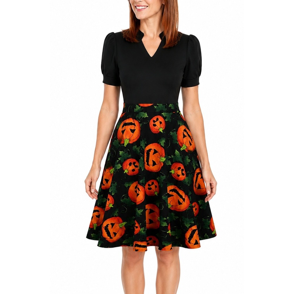 Womens Halloween Dress Small Jack O Lantern Pumpkin Puff Sleeve Fit and Flare